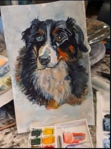 Painting reference of a black, white, and brown dog