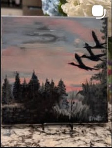 Moody landscape painting reference with evening sky and birds