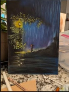 Painting reference showing a glowing lantern beneath trees in the mist