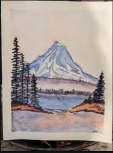 Painting reference of a blue mountain above a lake