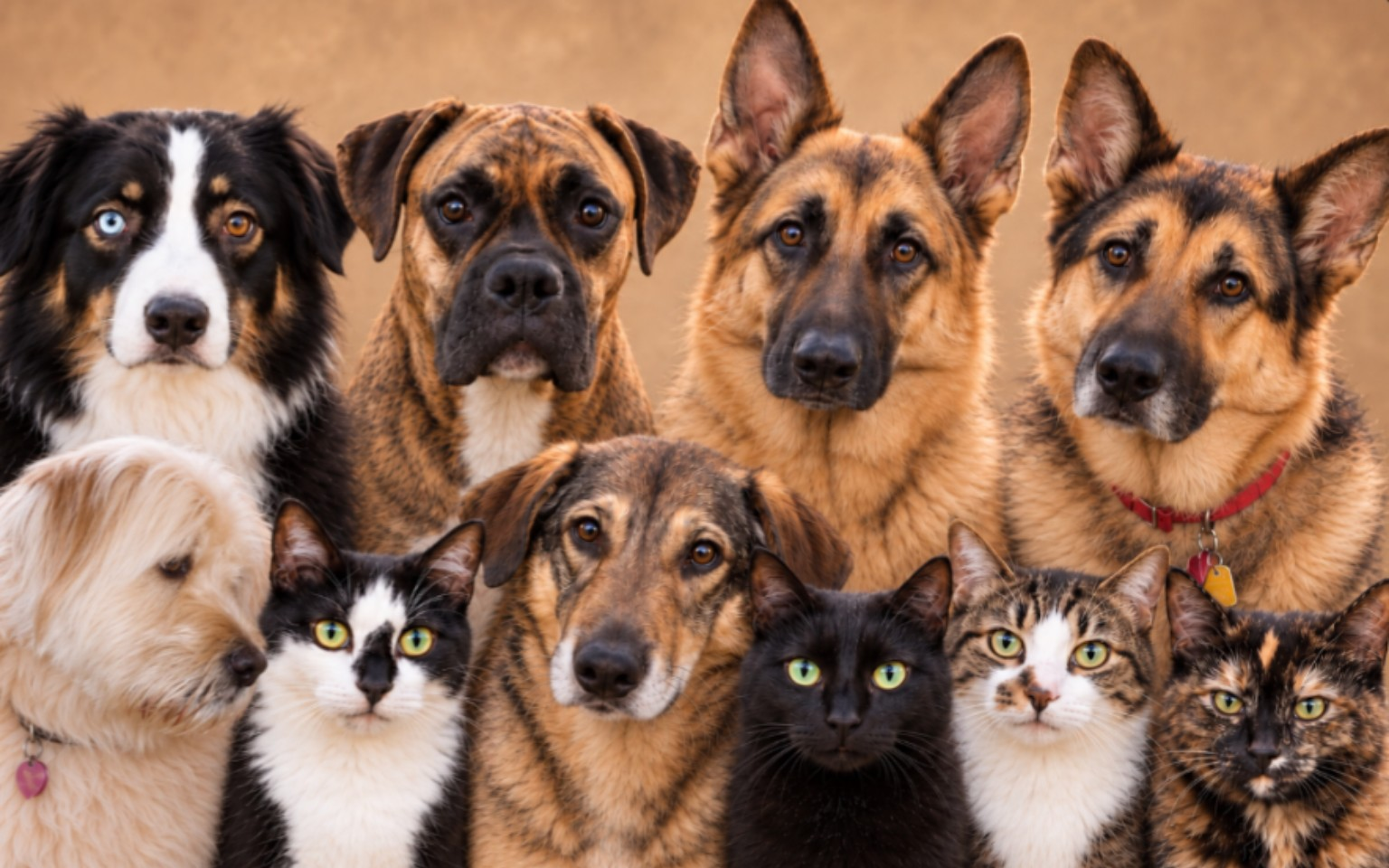 AI-assisted family portrait of Sheila's dogs and cats together
