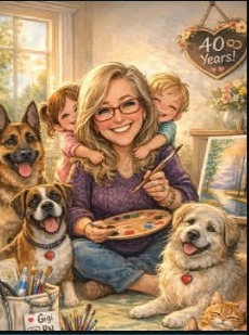 Illustrated family artist portrait with grandchildren and pets
